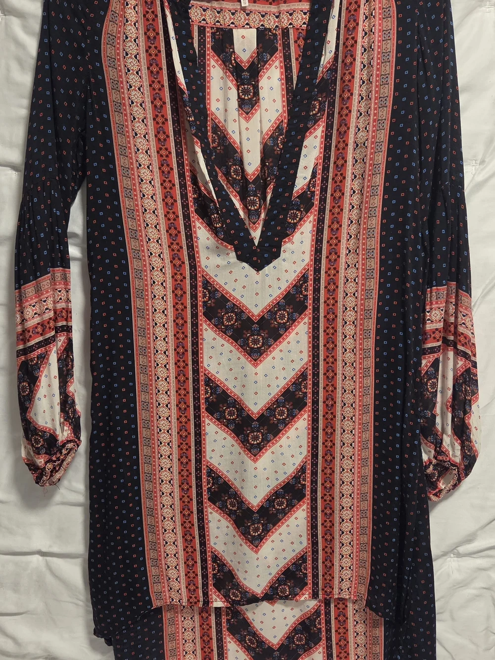 Navy and Coral Printed V-Neck Tunic Dress